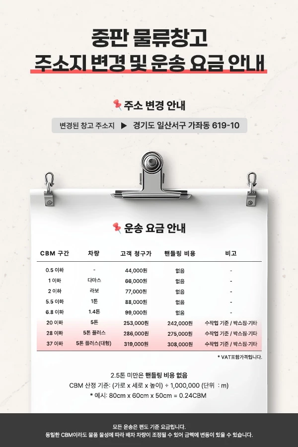 중판 물류창고 주소지 변경 및 운송 요금 안내 - 변경된 창고 주소 경기도 일산서구 가좌동 619-10, CBM 구간별 차량과 고객 청구가, 핸들링 비용